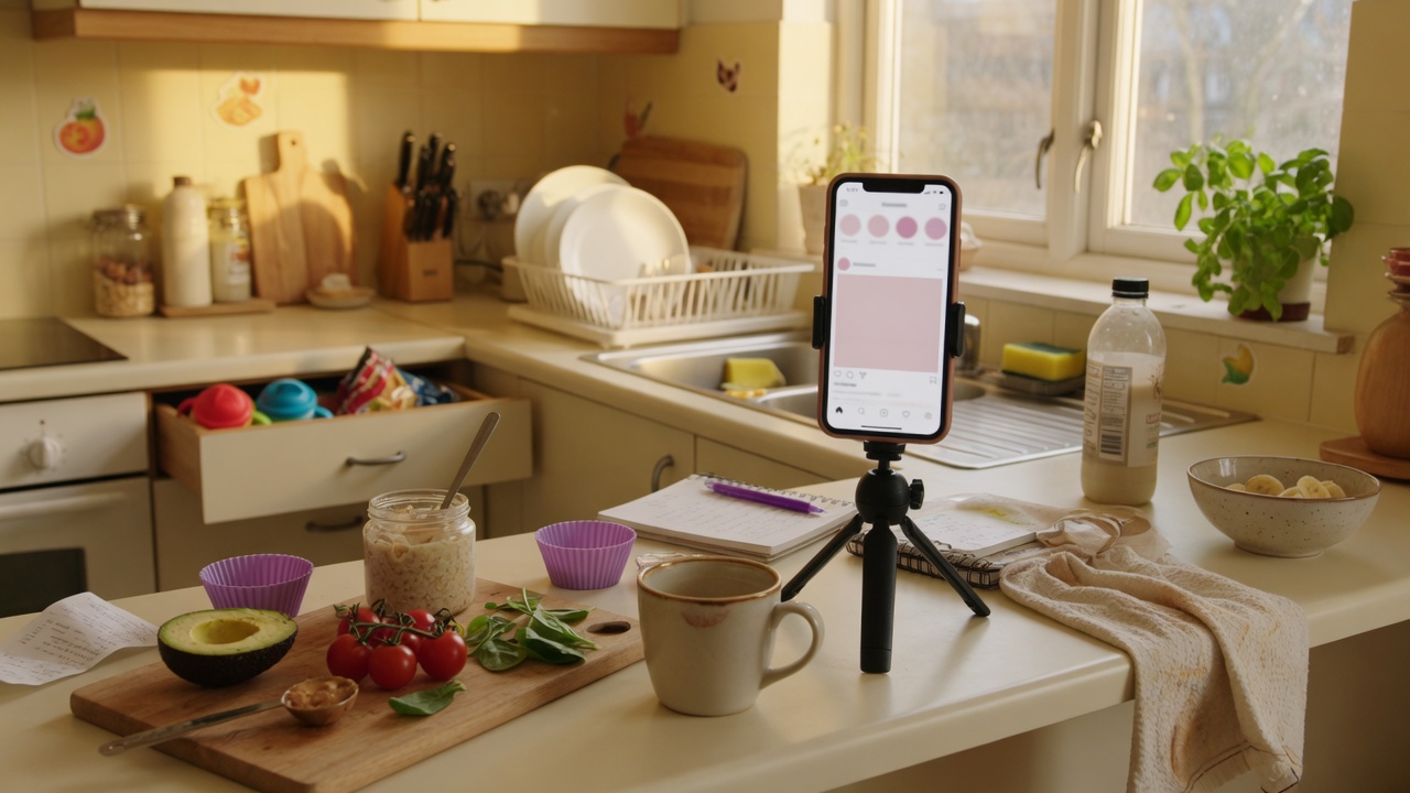 Phone on a tripod filming a cozy kitchen content setup