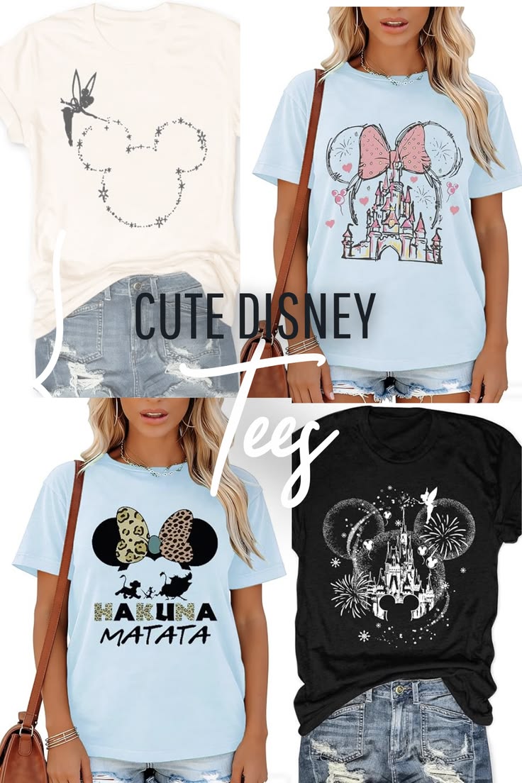 Cute Disney shirts collage for park days and vacation outfits: castle tees, graphic Mickey shirts, and cozy park-day looks