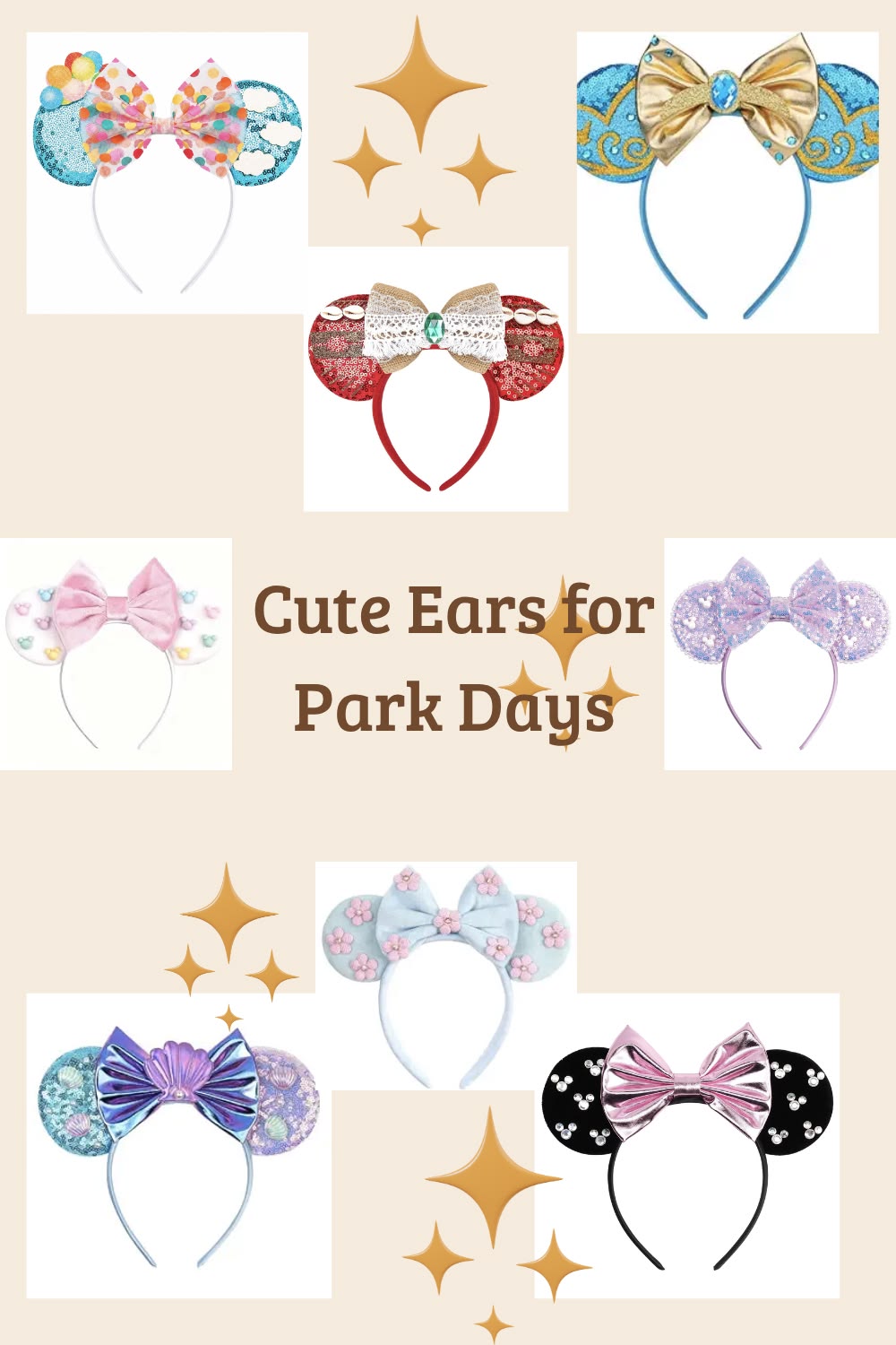 Cute Disney mouse ears collage for park days: birthday, rainbow, Pooh, sequin, and sparkle styles