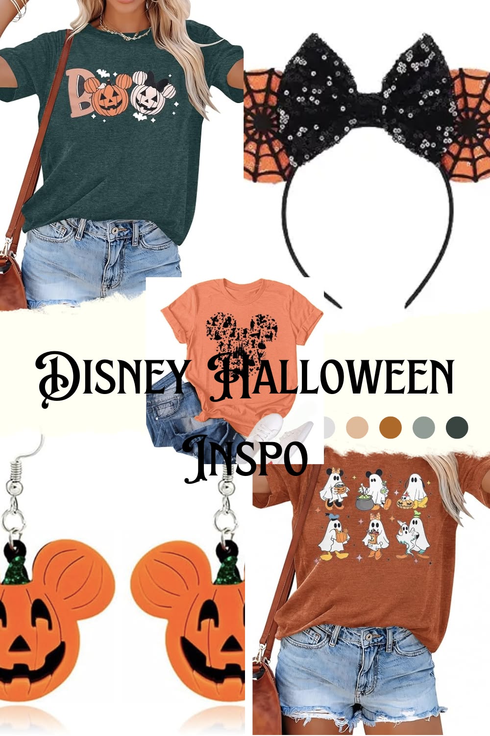 Disney Halloween outfit ideas: pumpkin Mickey tees, ghost tops, spiderweb ears, and Mickey pumpkin earrings