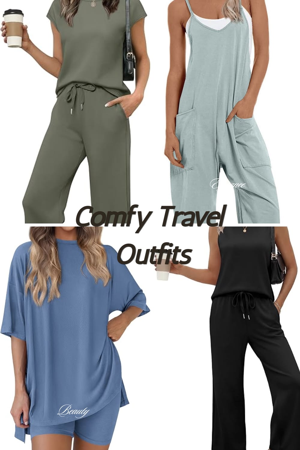 Cute and comfy travel outfits collage: matching sets, oversized tees, and overalls for vacation days