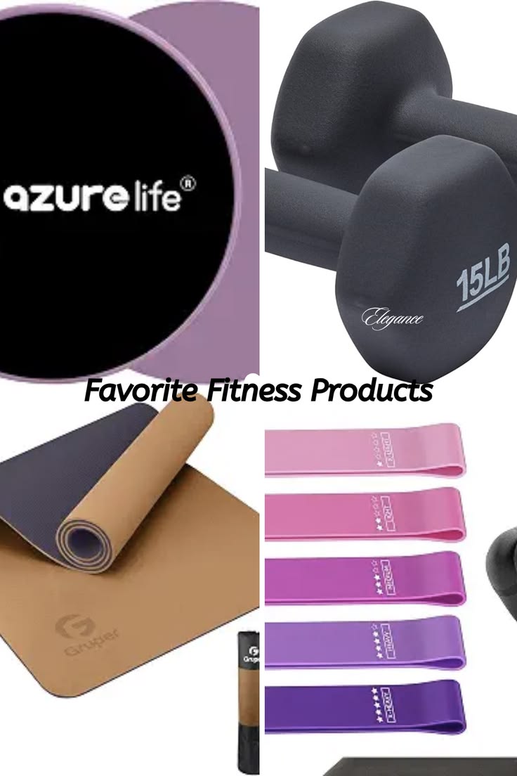 At-home fitness essentials collage: resistance bands, core sliders, dumbbells, and a yoga mat